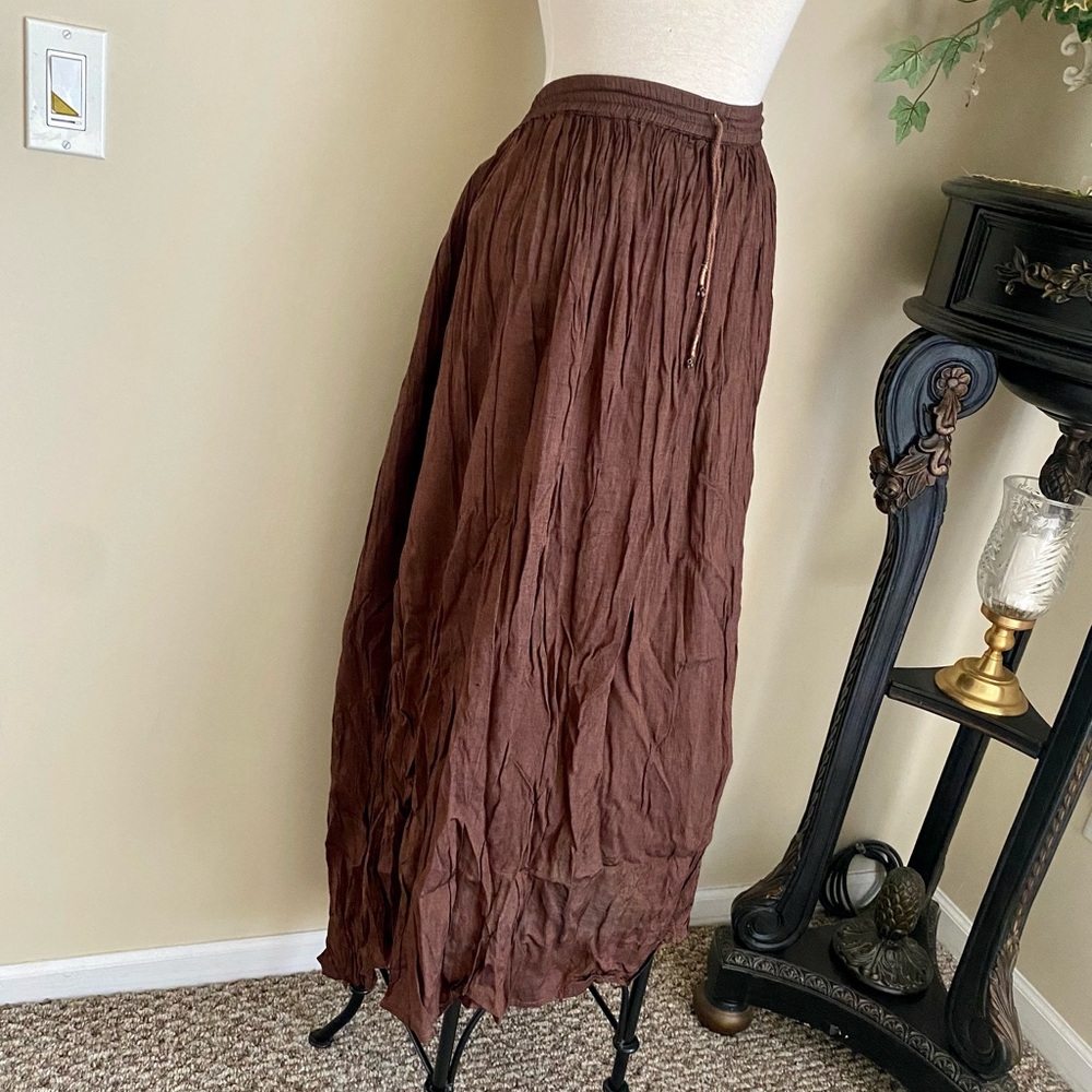 Brown Crinkled Maxi Skirt Rayon adjustable